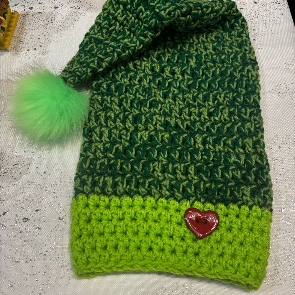 Grinch Hat Crochet with Pom Pom Adult Festive green
